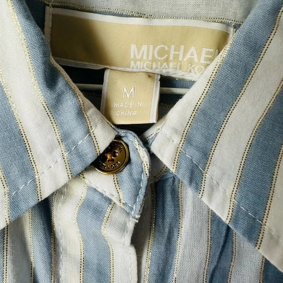 Michael Kors Button Front Collared Shirt Pale Chambray Stripes w/ GOLD METALLIC - Picture 6 of 6
